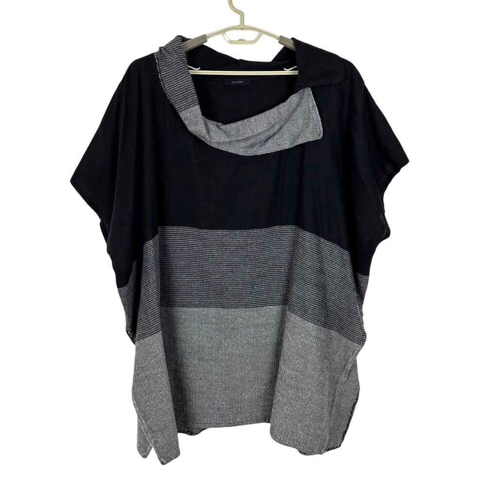 LUUKAA Black Gray Colorblock Tunic Top One Size Wool Linen Cowl Neck lagenlook